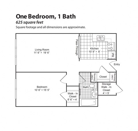 Floor plan for 1 bed, 1 bath, 625 sqft